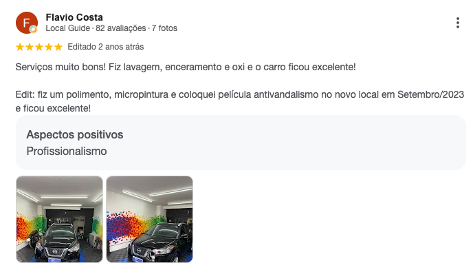 Avaliação de Flavio Costa: 5 estrelas, serviços muito bons, polimento, micropintura e película antivandalismo