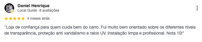 Avaliação de Daniel Henrique: 5 estrelas, loja de confiança, instalação limpa e profissional
